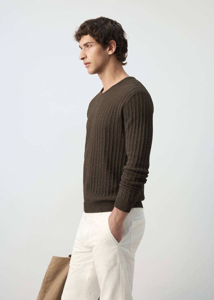 Ribbed cotton-linen blend sweater — Brown