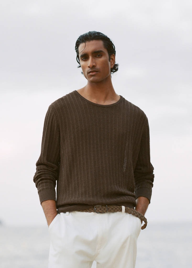 Ribbed cotton-linen blend sweater — Brown