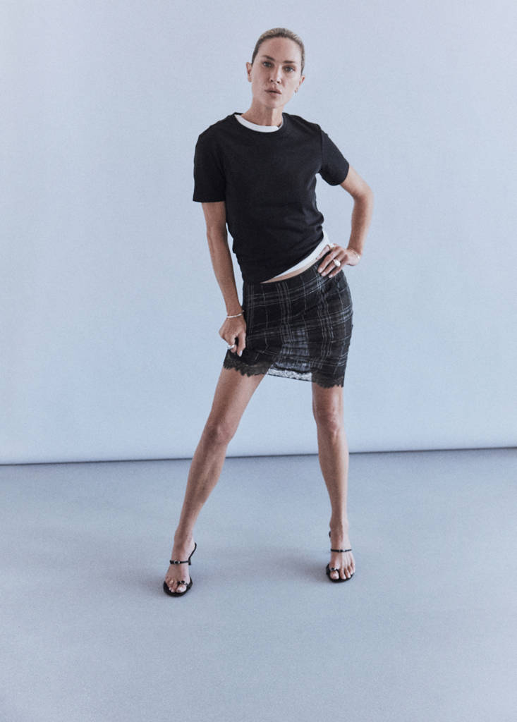 Linen blend checked skirt — Black
