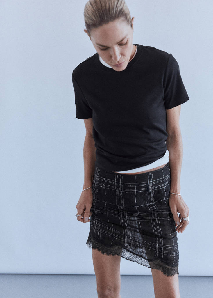 Linen blend checked skirt — Black