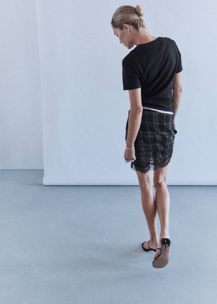 Linen blend checked skirt — Black