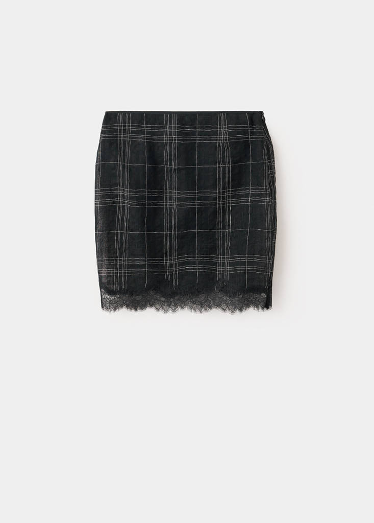 Linen blend checked skirt — Black