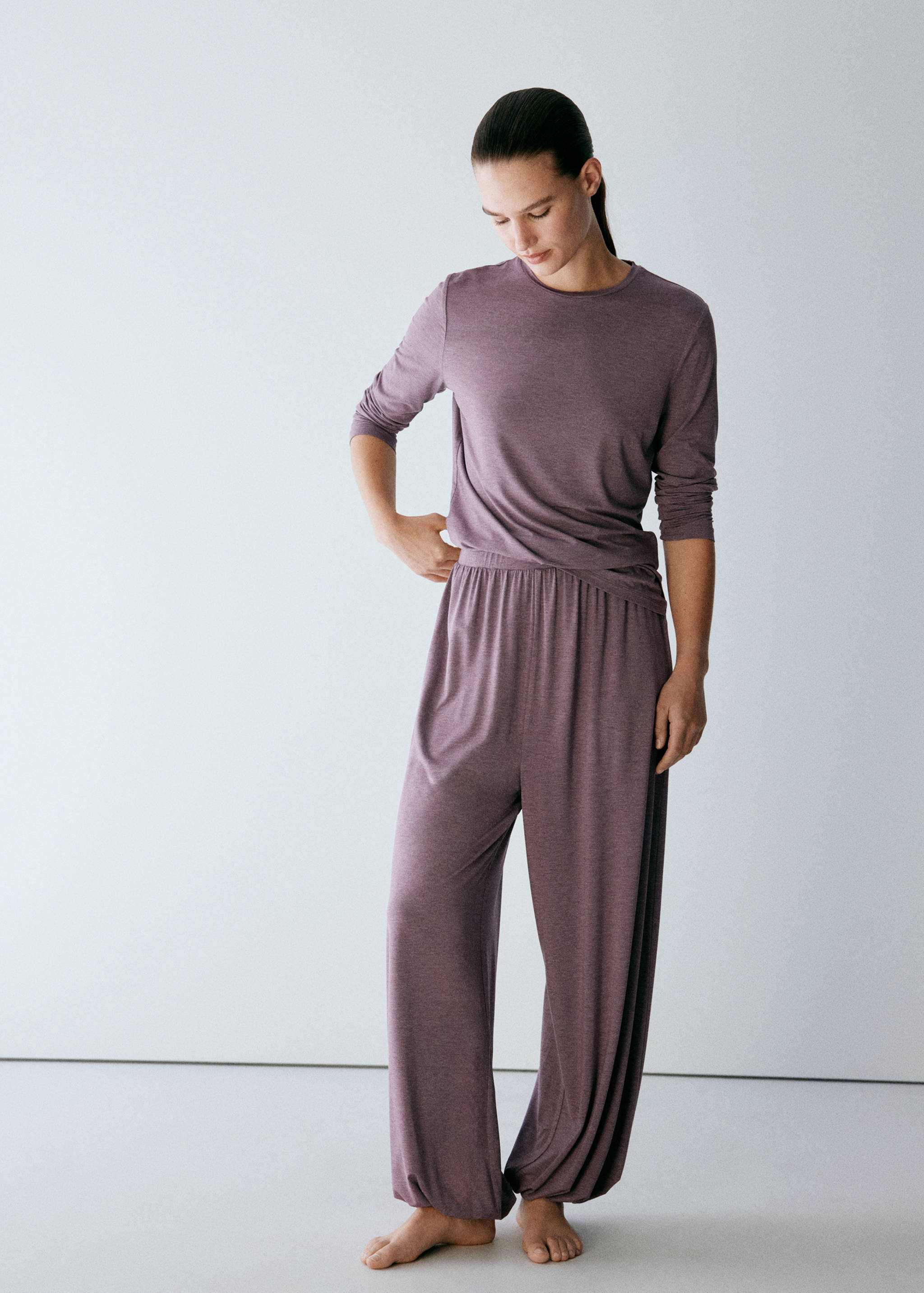 Purple melange long-sleeved t-shirt and matching trousers lounge set.