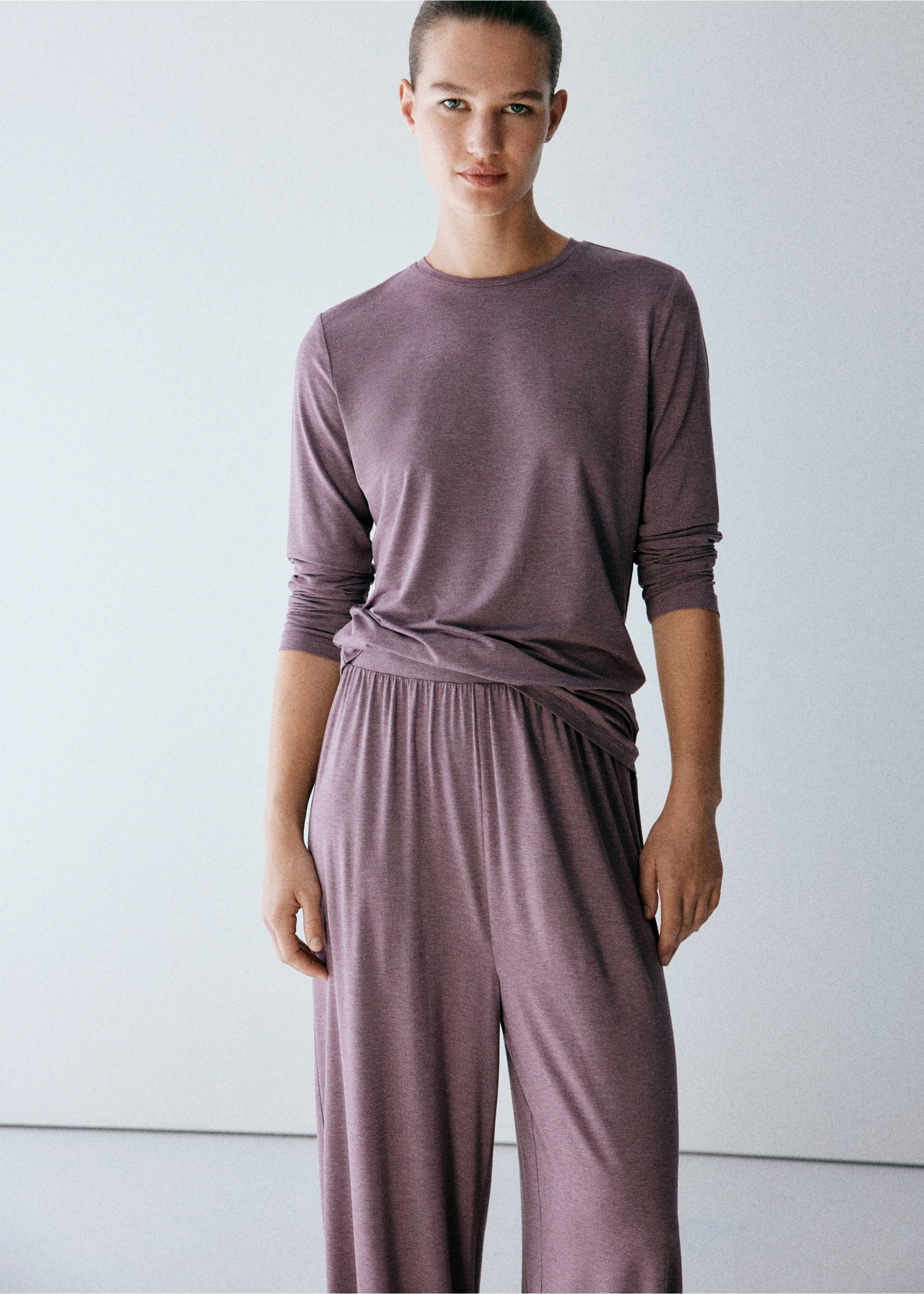 Mauve melange long-sleeve pyjama t-shirt with a round neckline., Purple. Ref: 37072921-00.