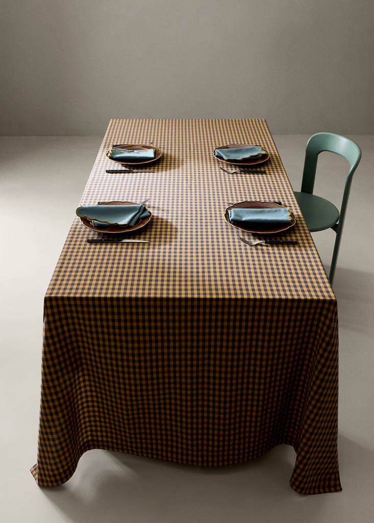 Two-tone checked cotton tablecloth for 2 to 4 people — Mustard