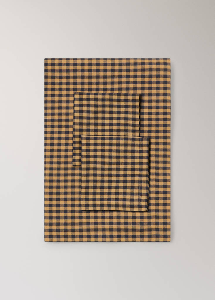 Two-tone checked cotton tablecloth for 2 to 4 people — Mustard