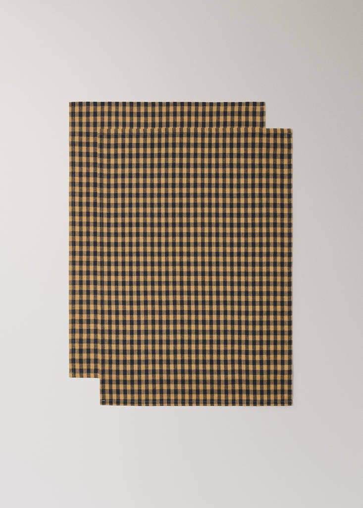 Two-tone checked cotton kitchen towels — Mustard