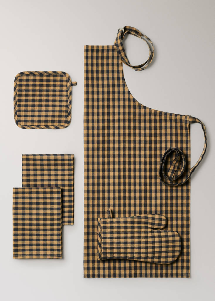 Two-tone checked cotton kitchen towels — Mustard