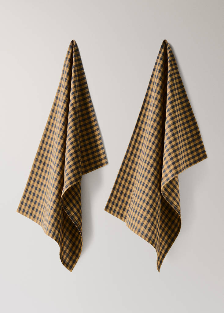 Two-tone checked cotton kitchen towels — Mustard