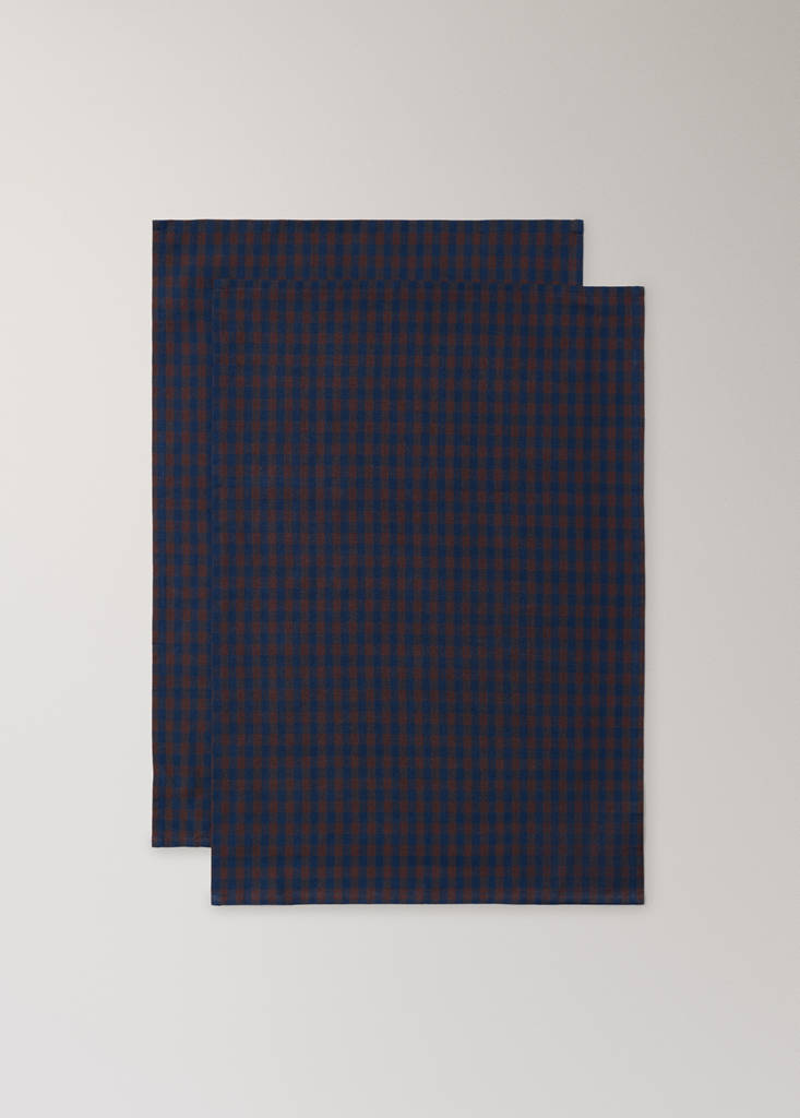 Two-tone checked cotton kitchen towels — Indigo Blue