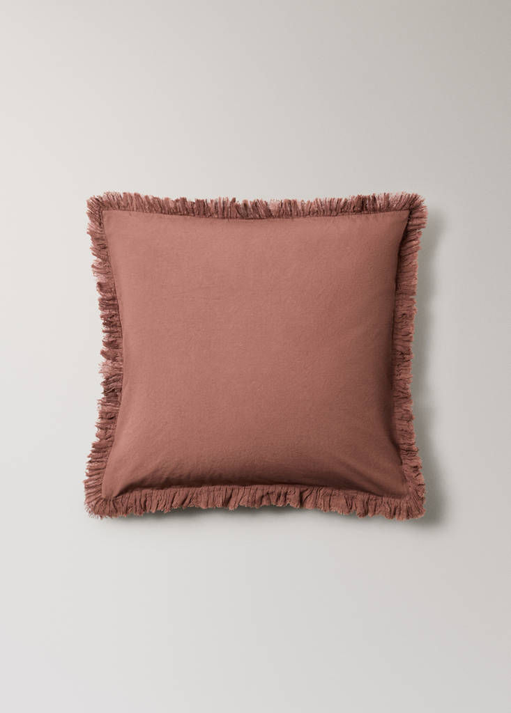 Washed cotton pillow cover with frayed gauze frill 60x60cm — Medium Pink
