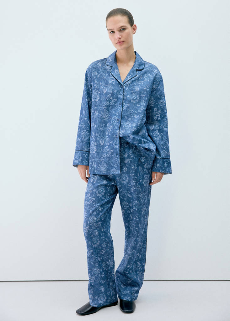 Printed pyjama shirt with piping — Dark Navy