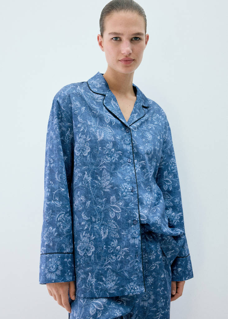 Printed pyjama shirt with piping — Dark Navy