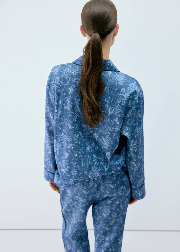 Printed pyjama shirt with piping — Dark Navy