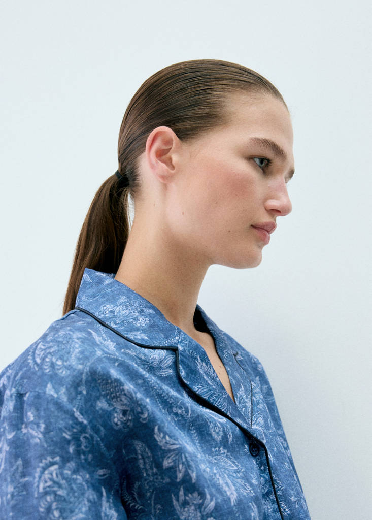 Printed pyjama shirt with piping — Dark Navy
