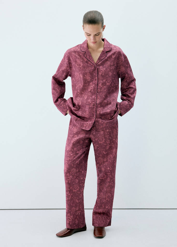 Printed pyjama shirt with piping — Burgundy
