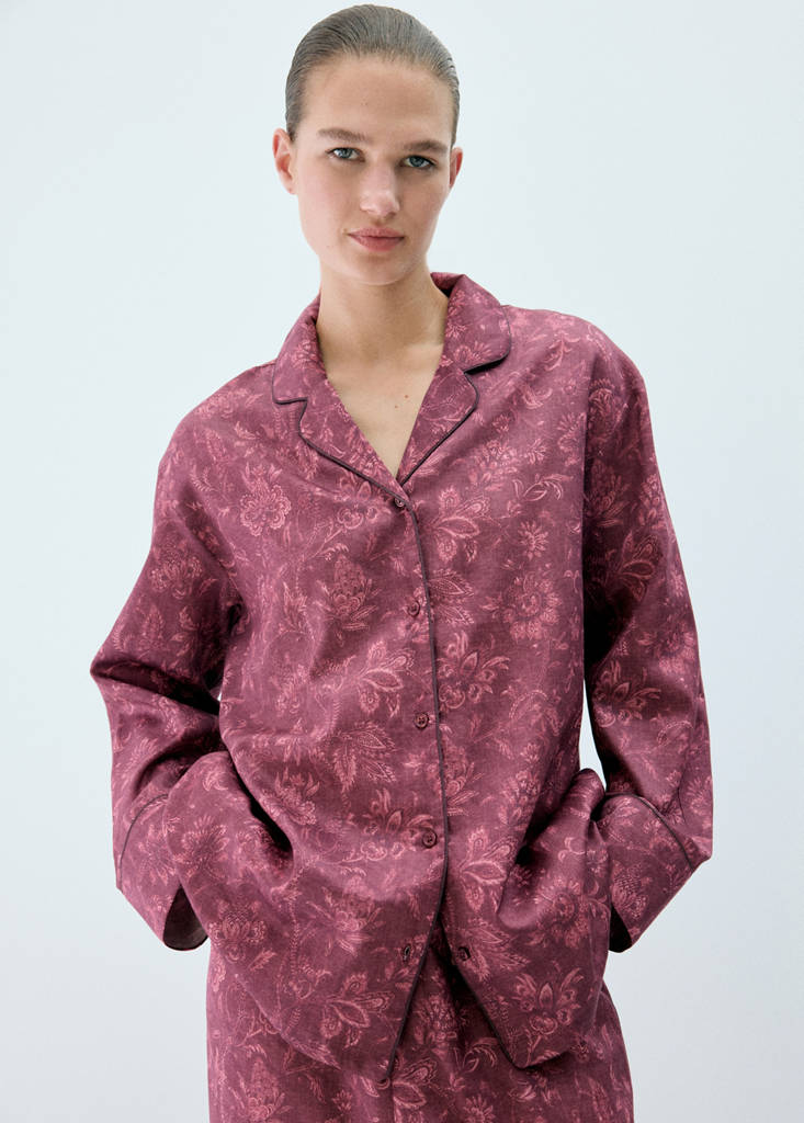 Printed pyjama shirt with piping — Burgundy