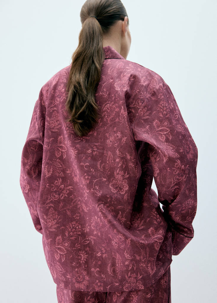 Printed pyjama shirt with piping — Burgundy