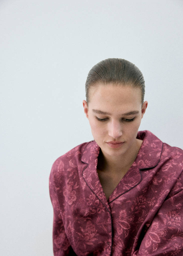 Printed pyjama shirt with piping — Burgundy