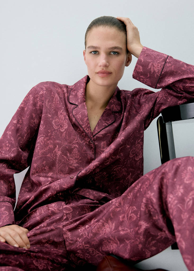 Printed pyjama shirt with piping — Burgundy