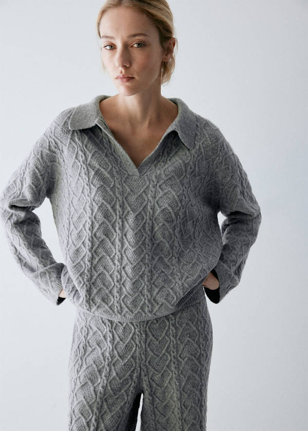Cable-knit polo-neck jumper — Grey