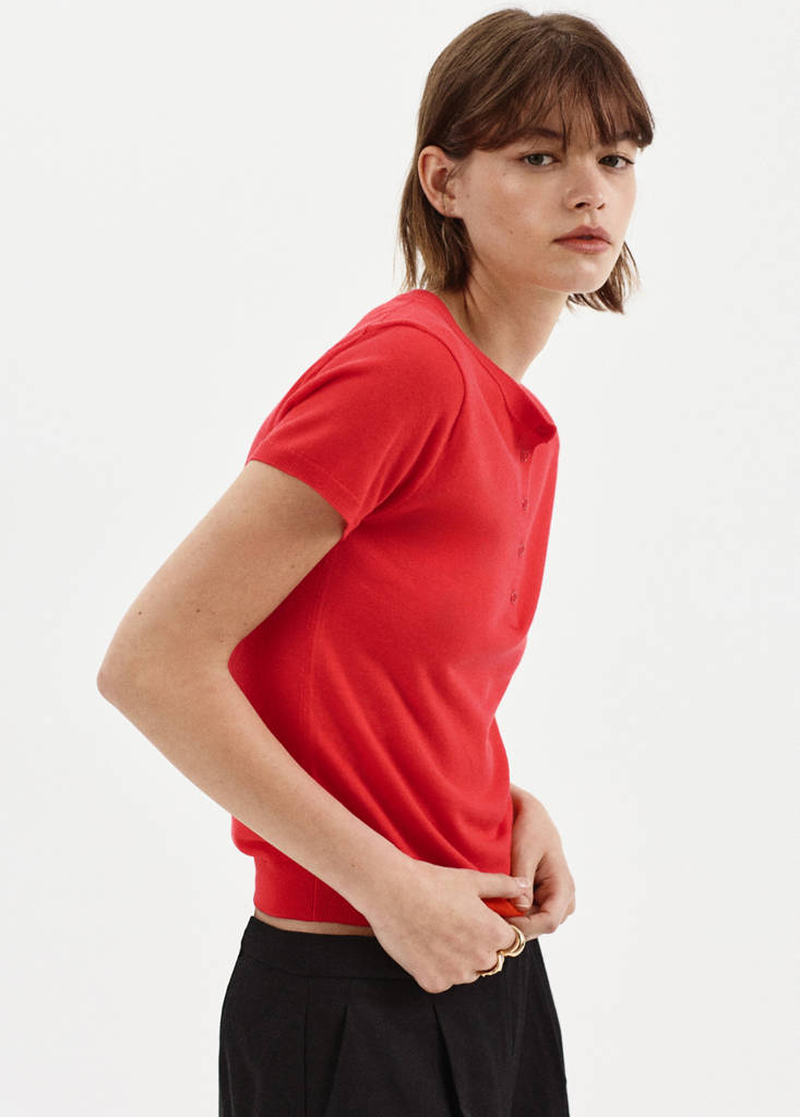 Short-sleeved fine-knit sweater — Red