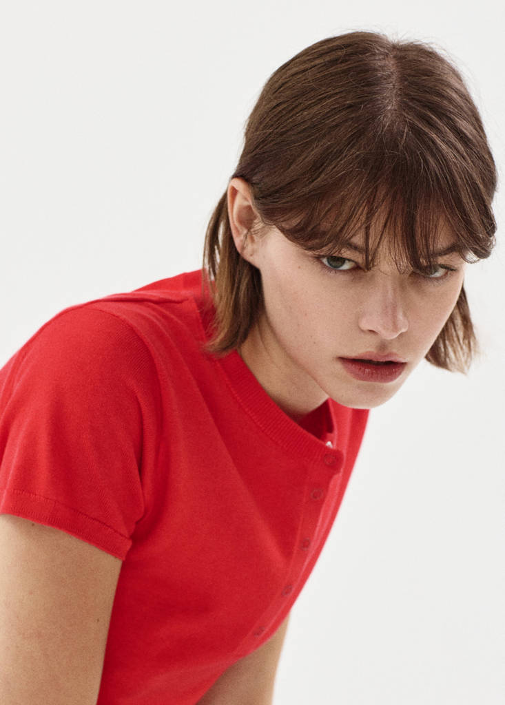 Short-sleeved fine-knit sweater — Red