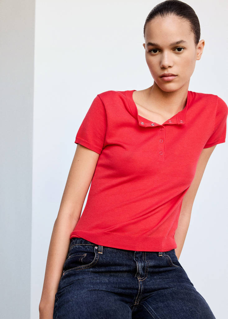 Short-sleeved fine-knit sweater — Red