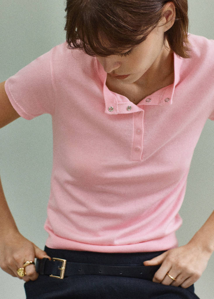 Short-sleeved fine-knit sweater — Pink