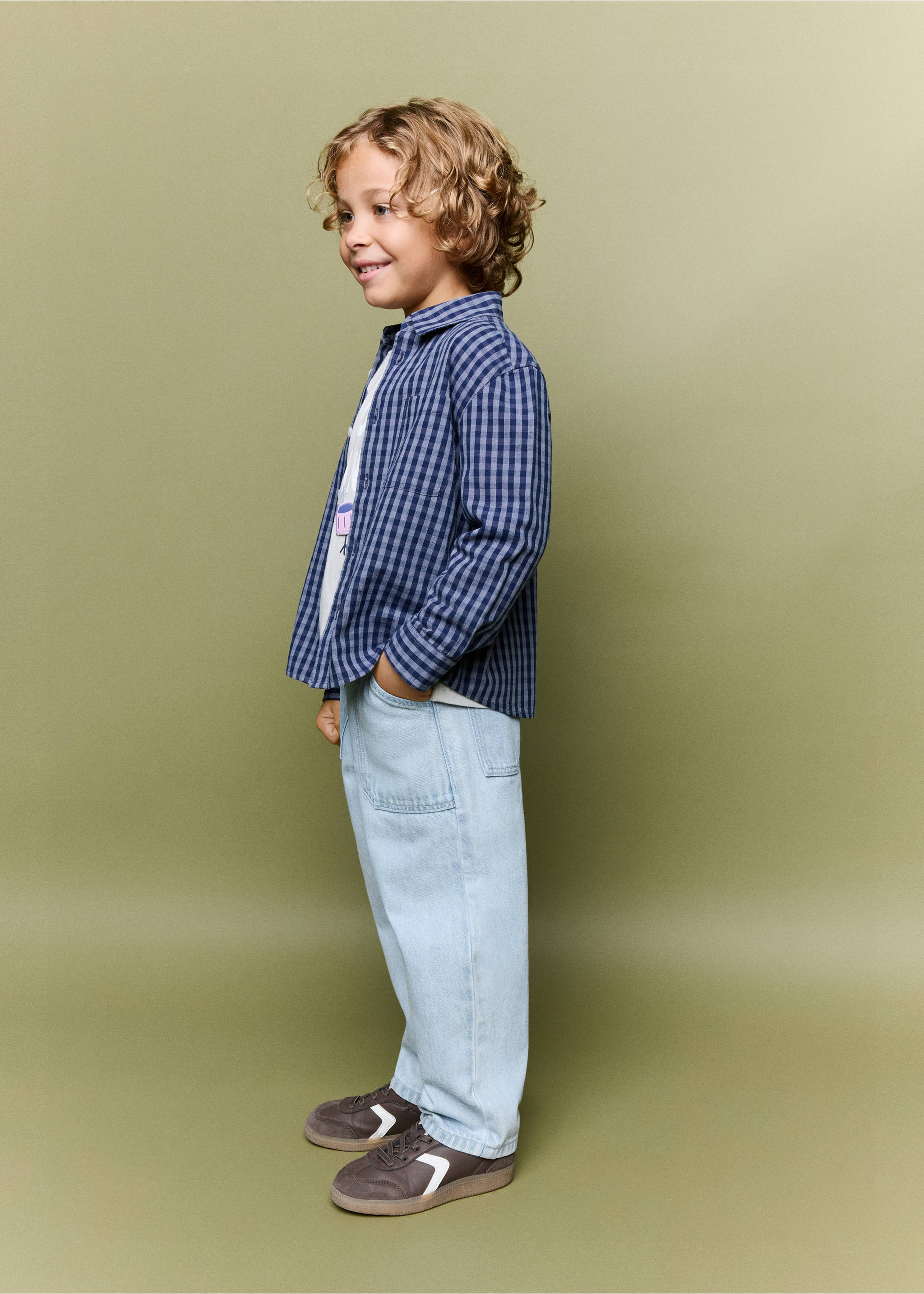 Light-wash denim trousers worn by a child with a blue gingham shirt., Light Blue. Ref: 37073290-00.