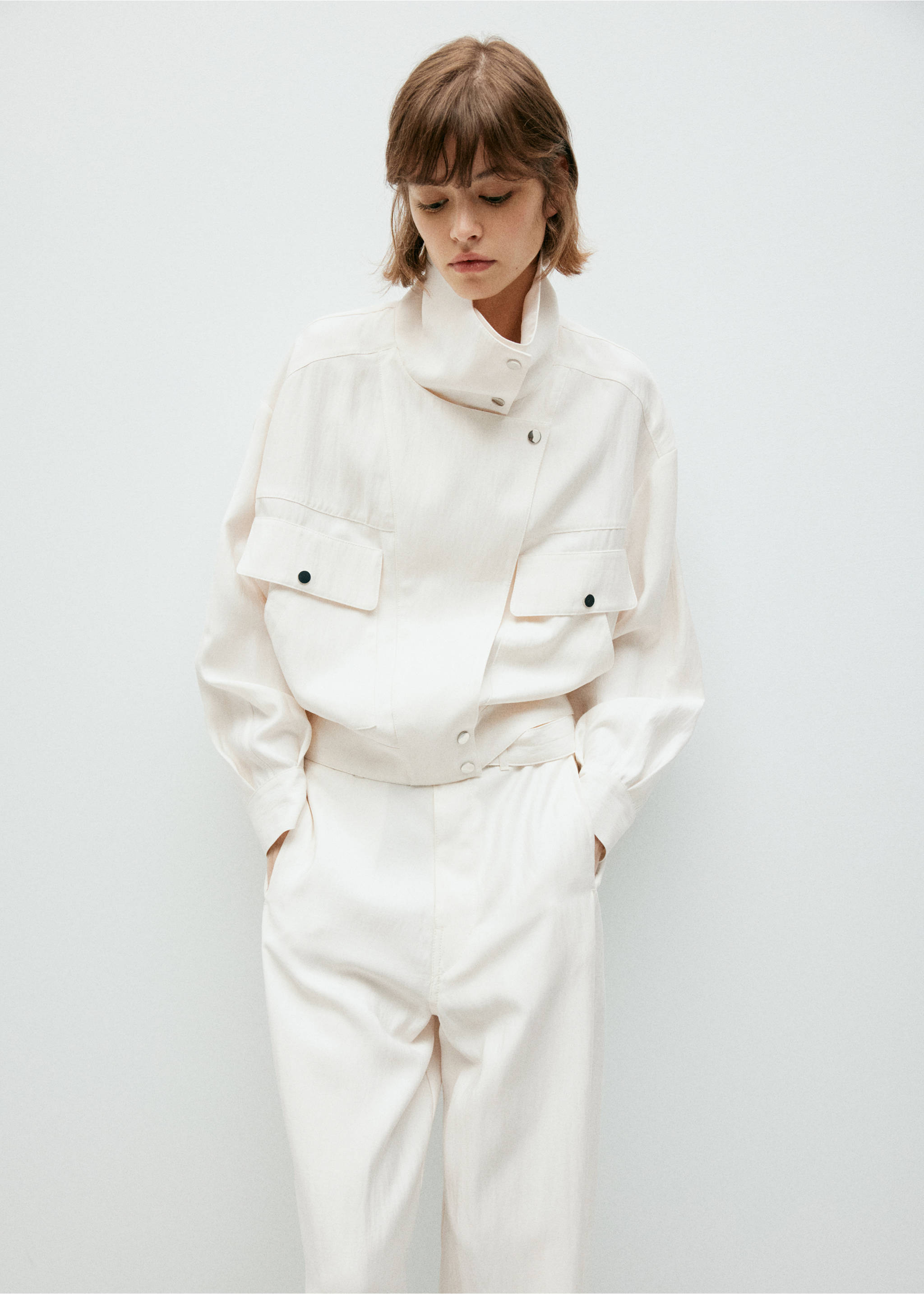 Funnel-neck bomber jacket - Medium plane, White. Ref: 37073316-00.