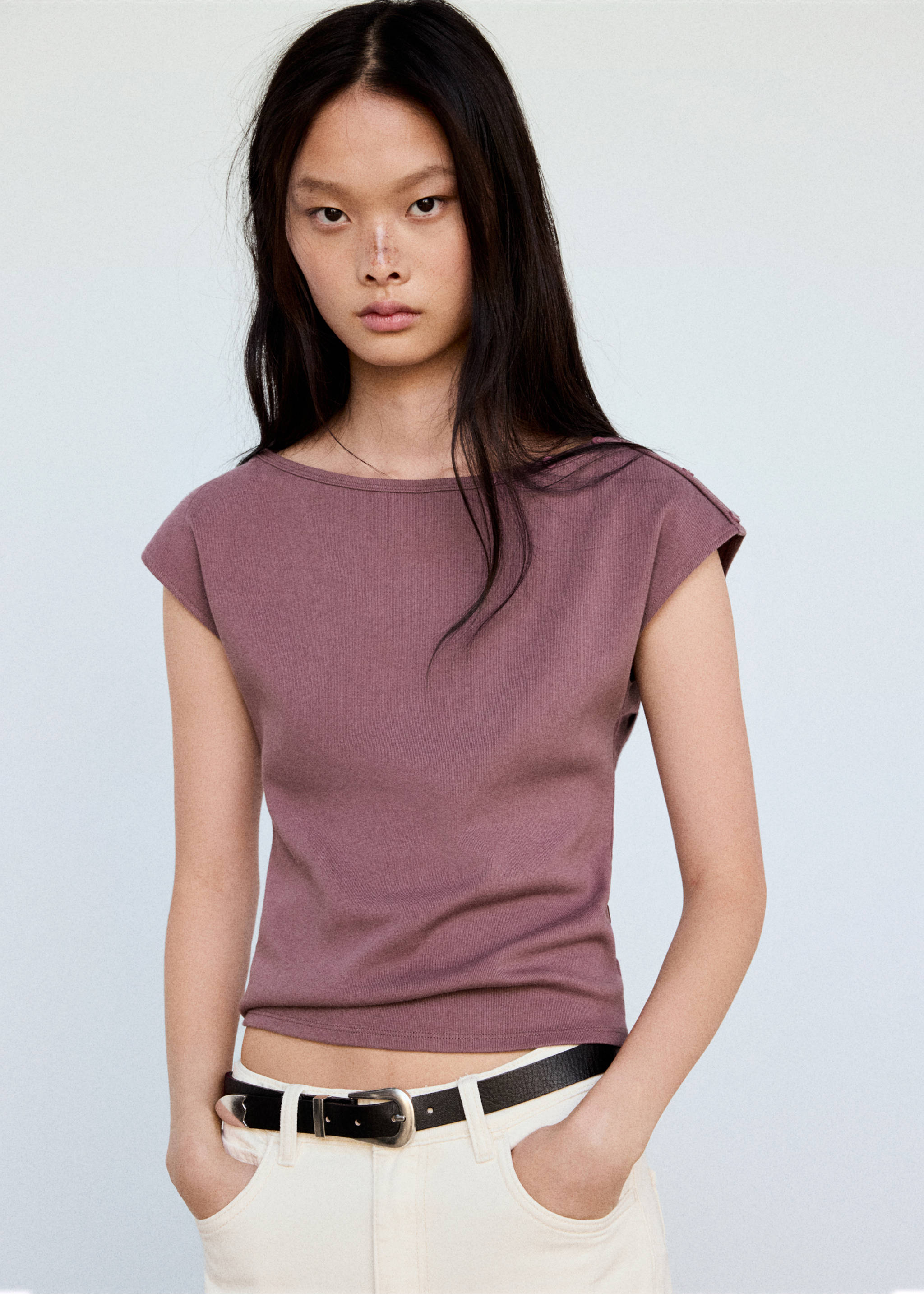 Boat neck top with decorative buttons - Medium plane, Light/Pastel Purple. Ref: 37074072-00.