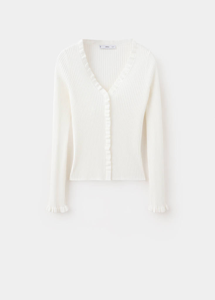 Ribbed ruffle cardigan — Ecru