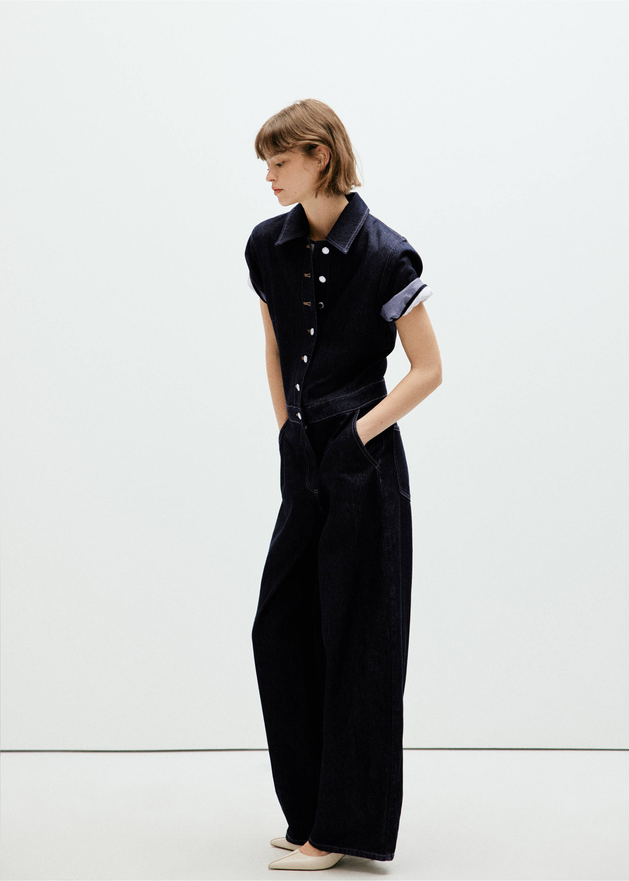Short-sleeved denim jumpsuit - General plane, Open Blue. Ref: 37074088-00.