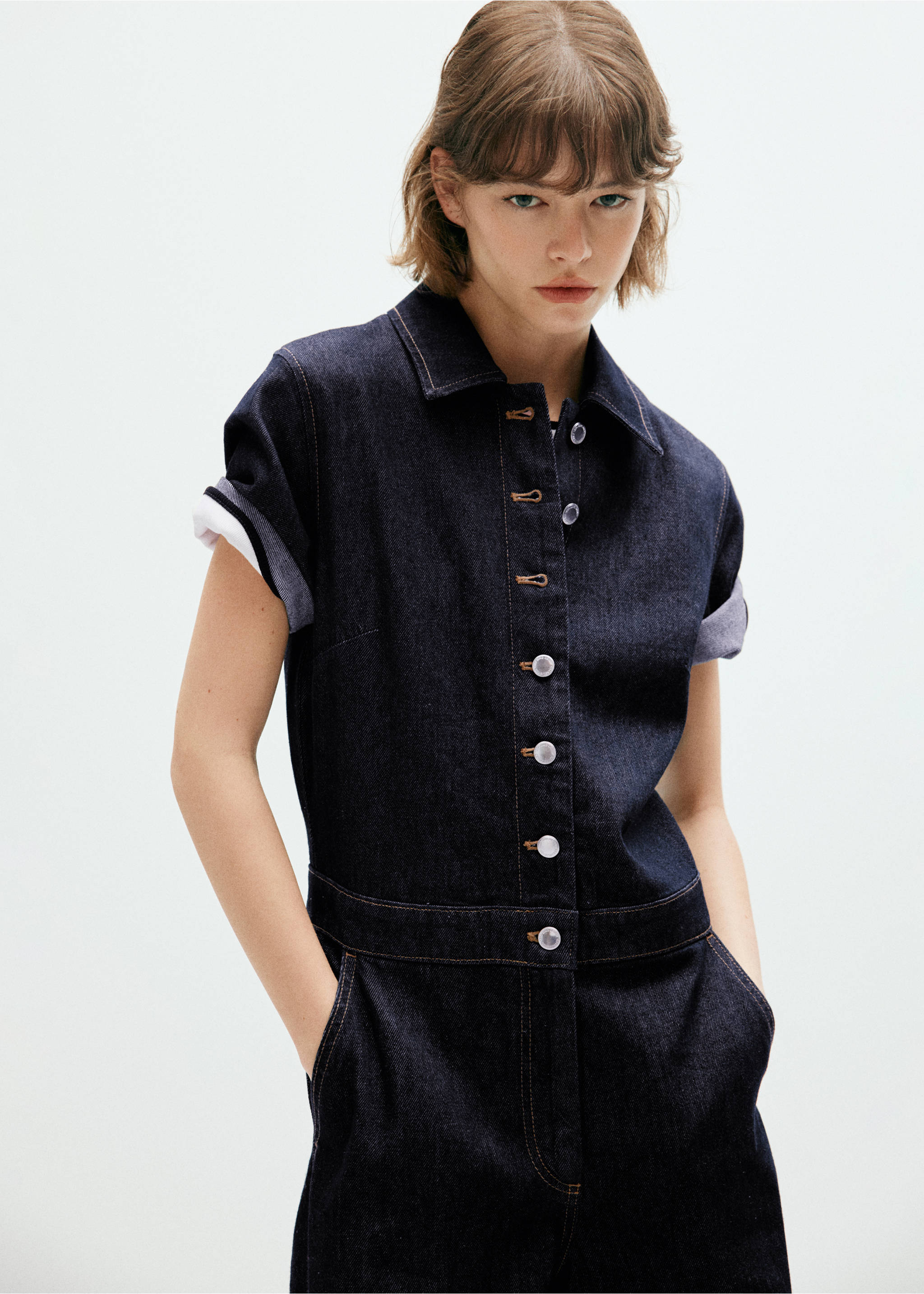 Short-sleeved denim jumpsuit - Medium plane, Open Blue. Ref: 37074088-00.