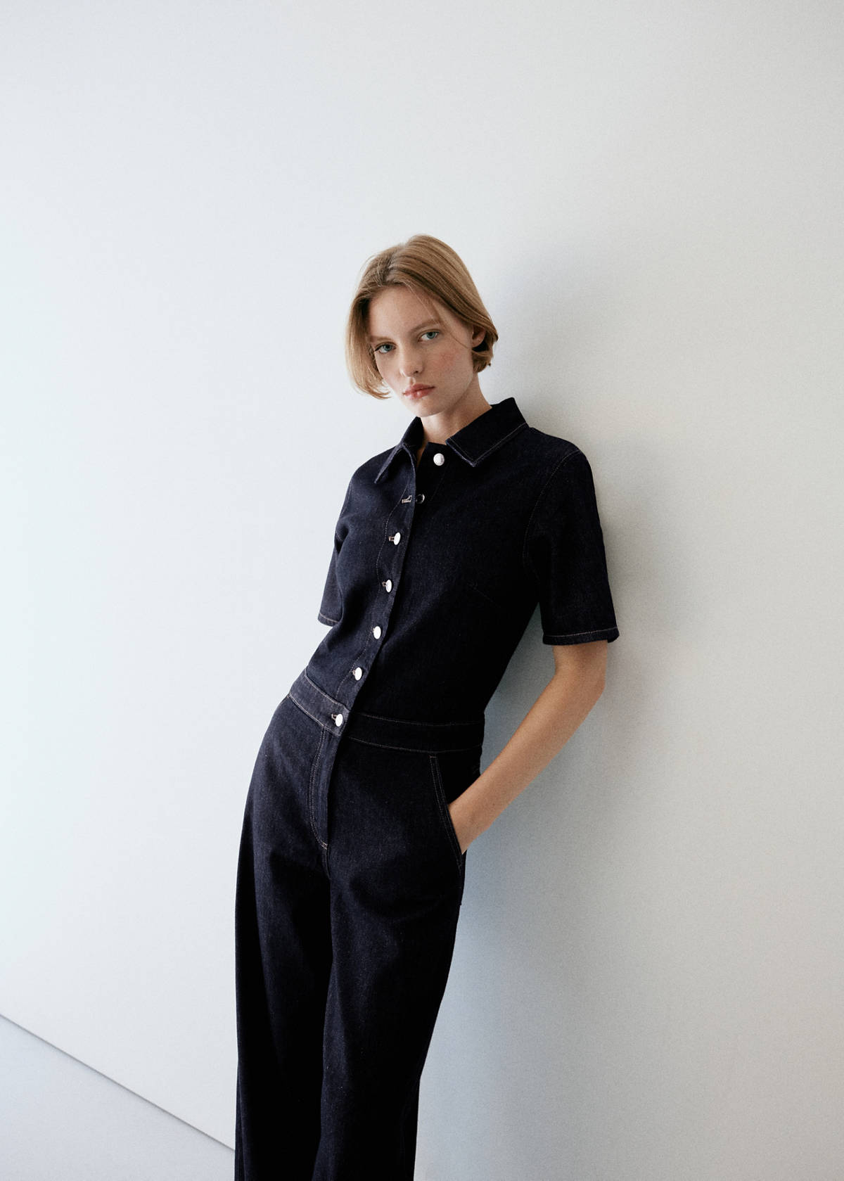 Short-sleeved denim jumpsuit — Open Blue