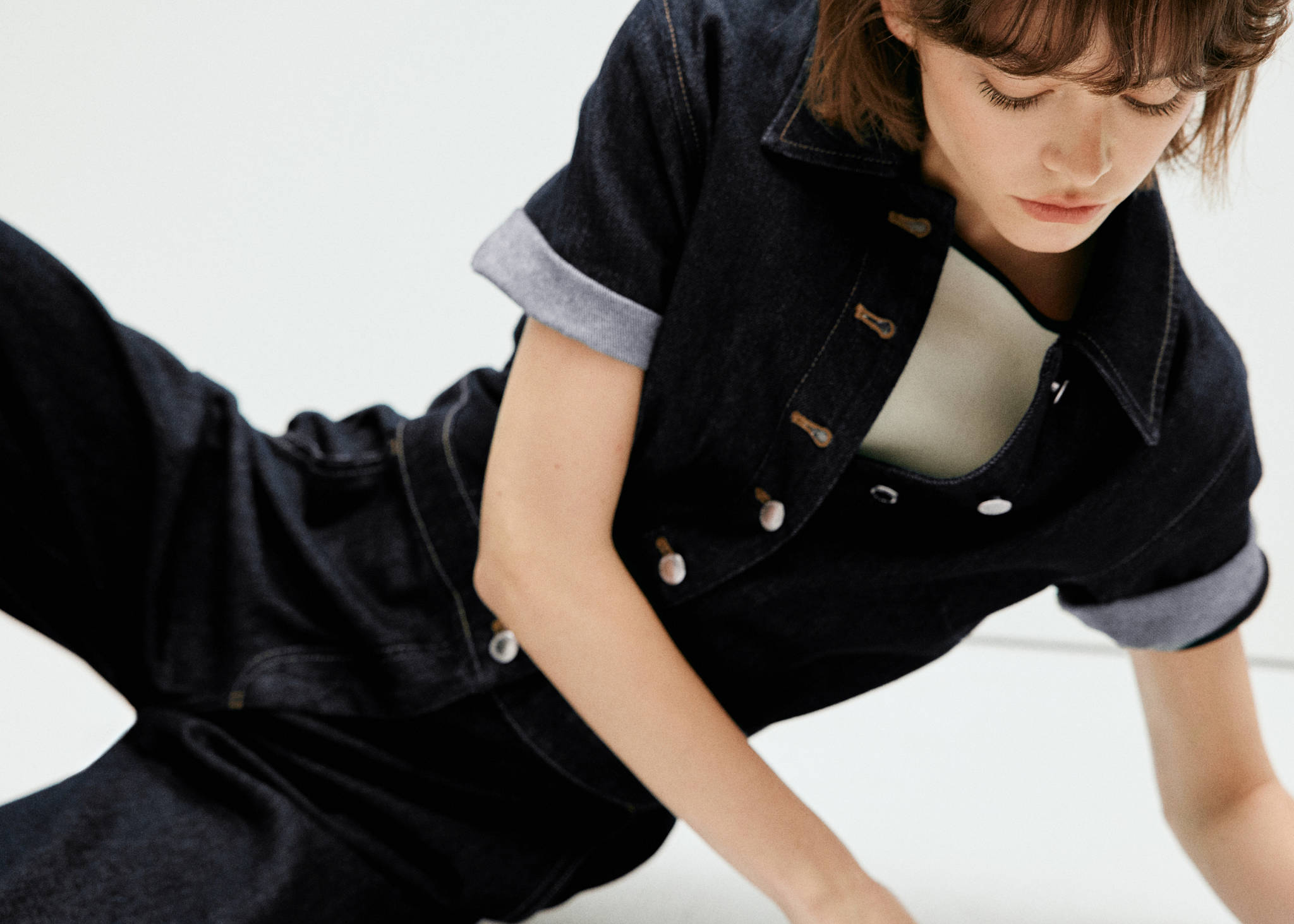 Short-sleeved denim jumpsuit - Panoramic plane