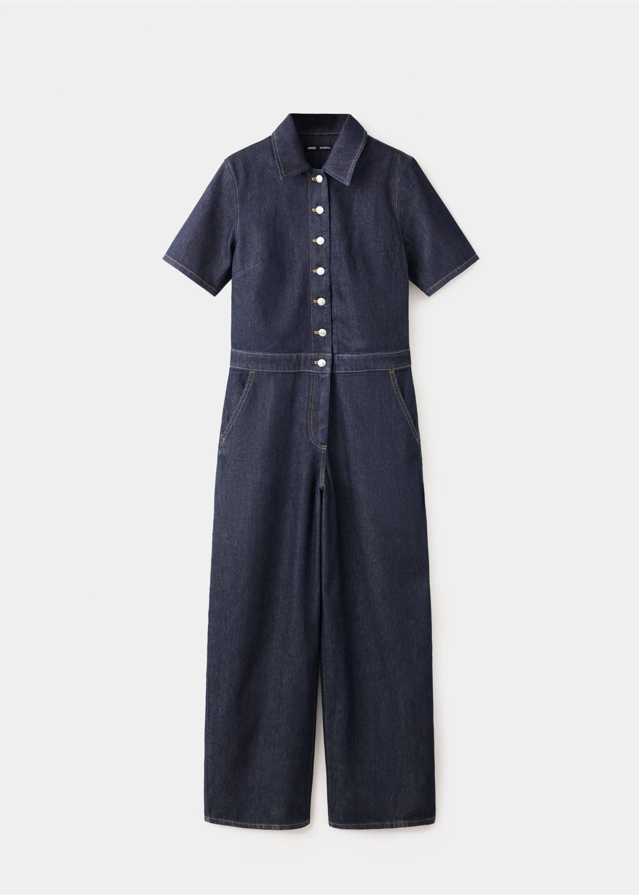 Short-sleeved denim jumpsuit - Article without model, Open Blue. Ref: 37074088-00.