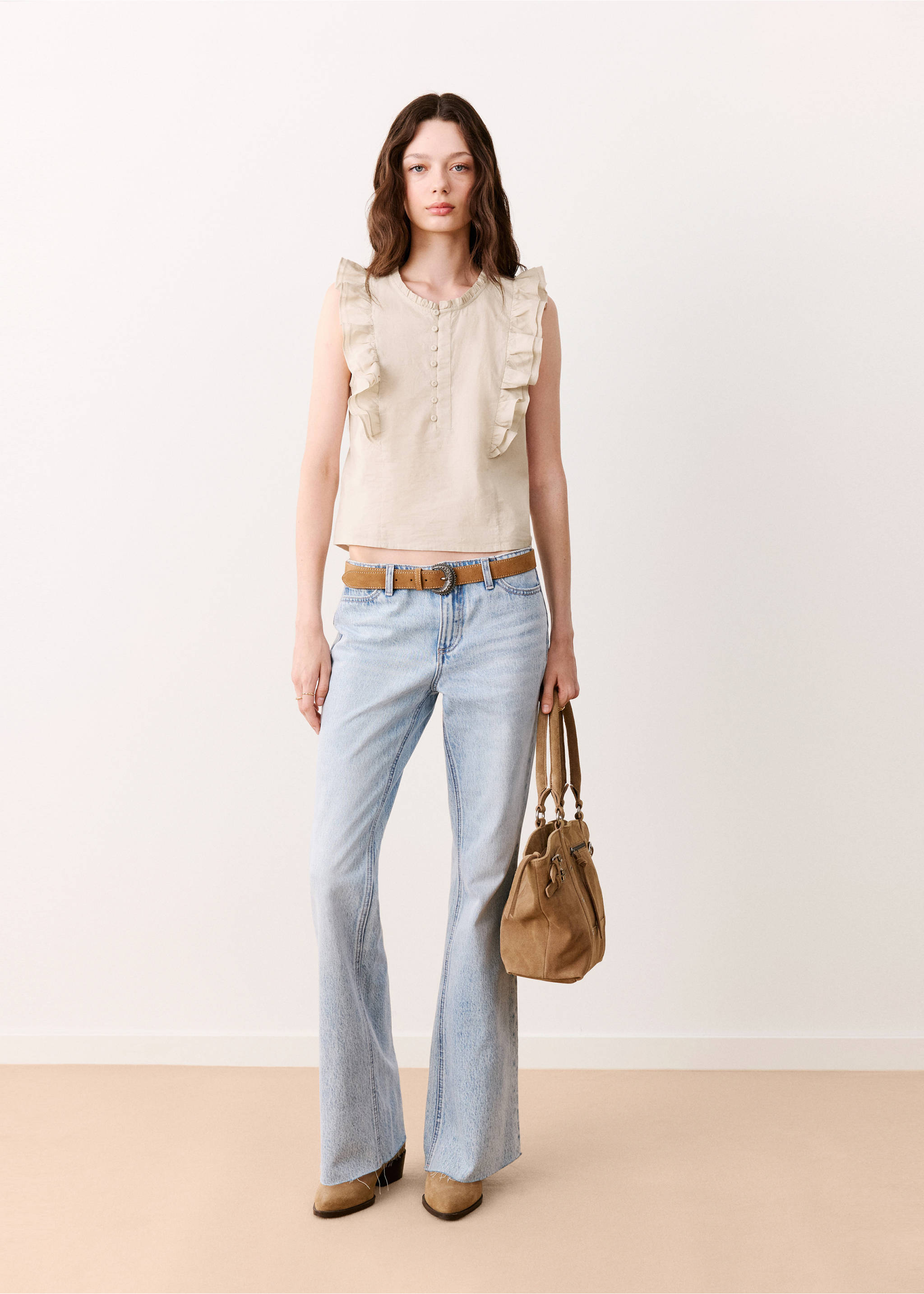 Cotton top with frill detail - General plane, Medium Brown. Ref: 37074091-00.