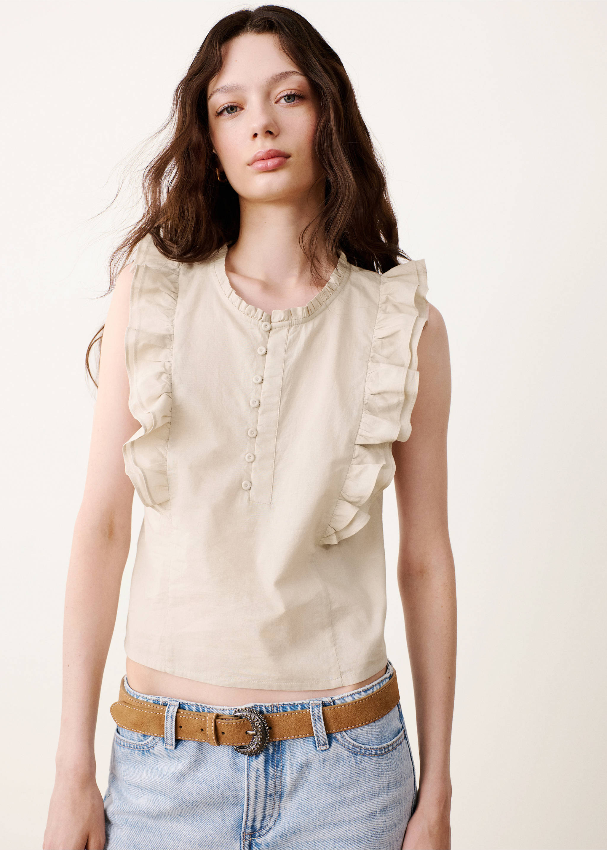Cotton top with frill detail - Medium plane, Medium Brown. Ref: 37074091-00.