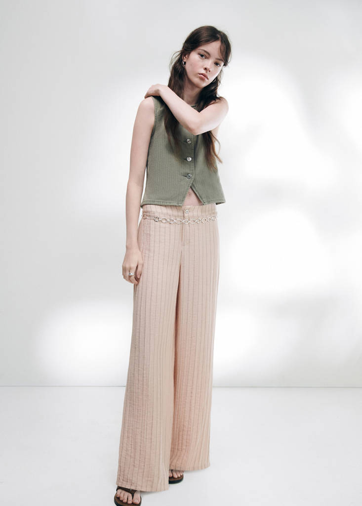 Low-rise textured striped trousers — Pastel Pink