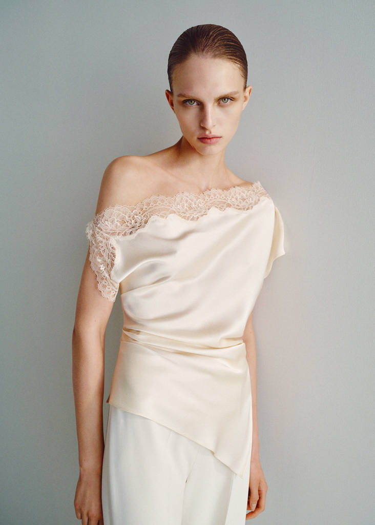 Asymmetrical satin top with lace detail