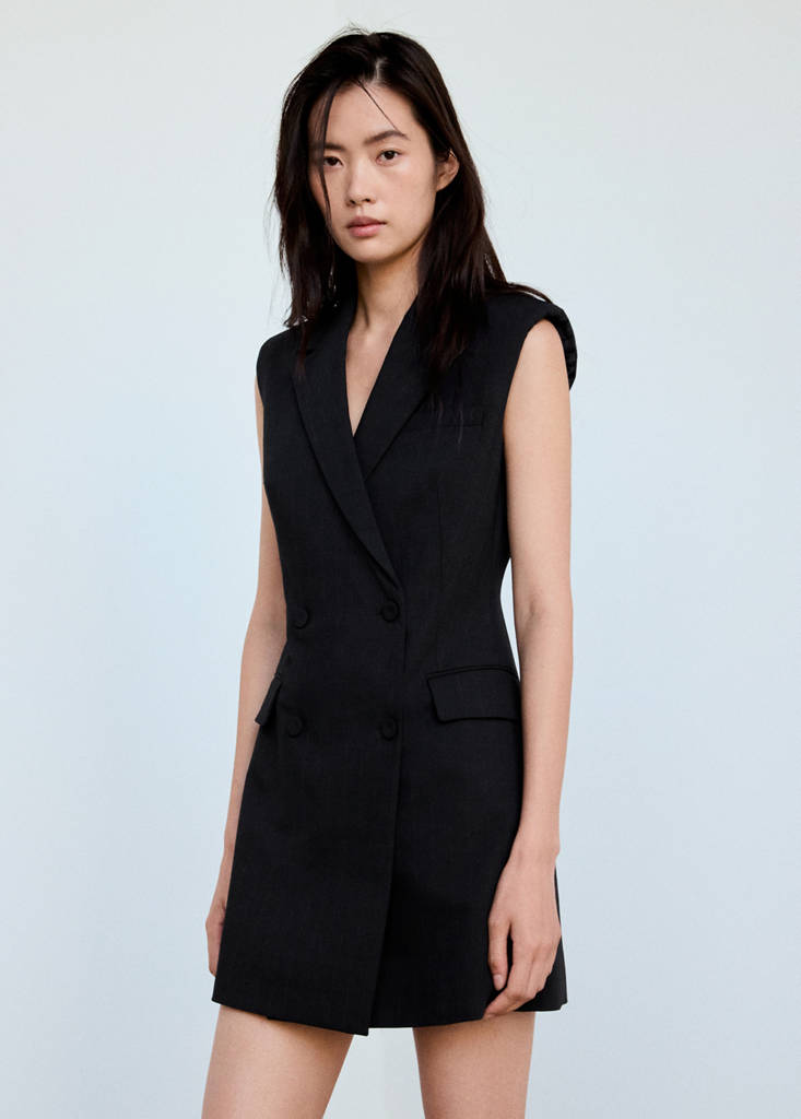 Pinstripe dress with lapel collar — Black