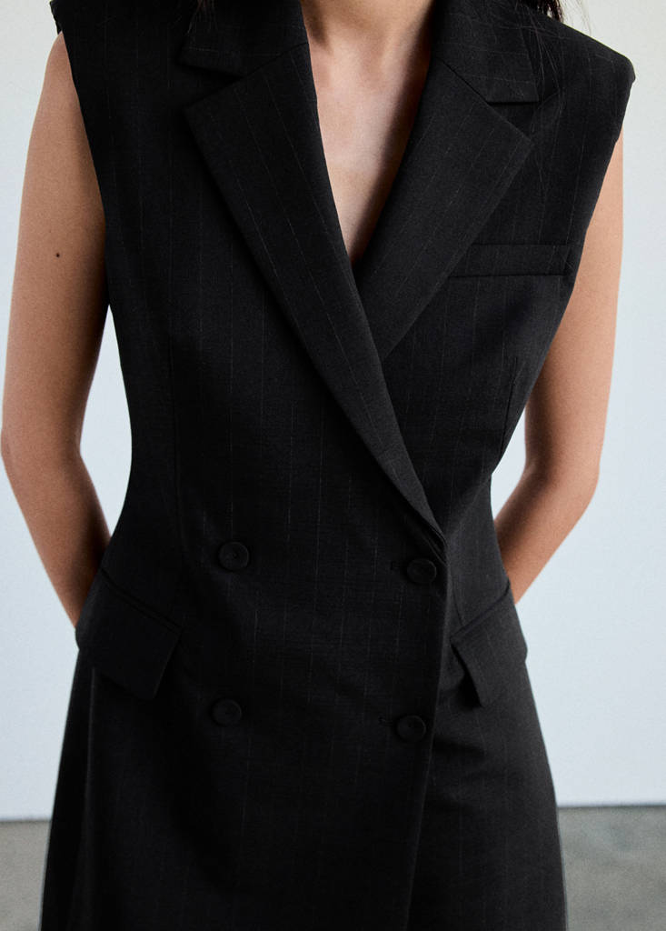 Pinstripe dress with lapel collar — Black