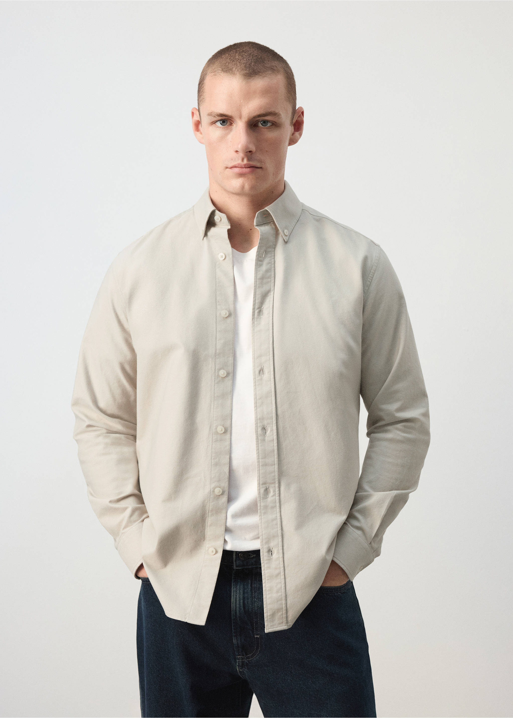 100% cotton Oxford shirt - Medium plane, Beige. Ref: 37074438-00.