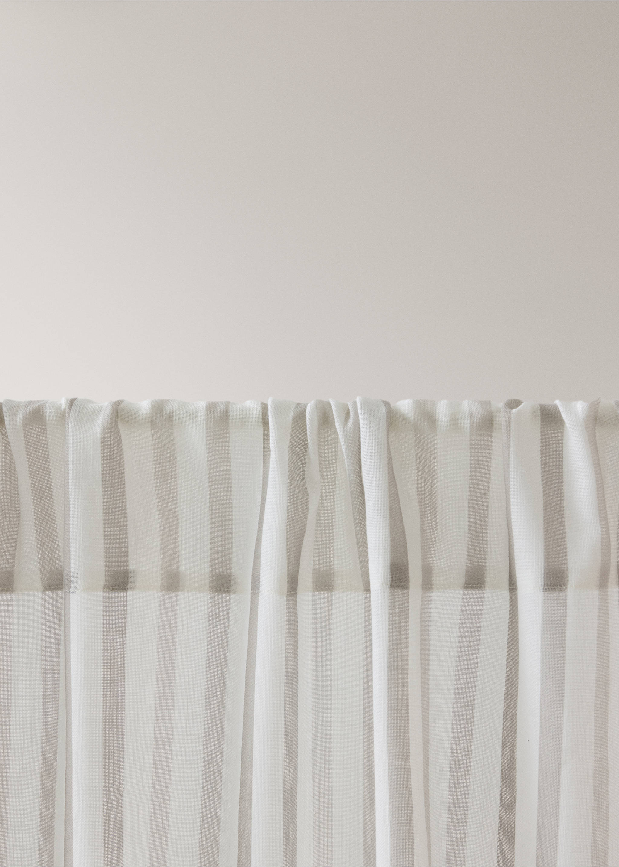 Close-up of a lightweight white curtain with vertical grey stripes., Grey. Ref: 37074454-00.