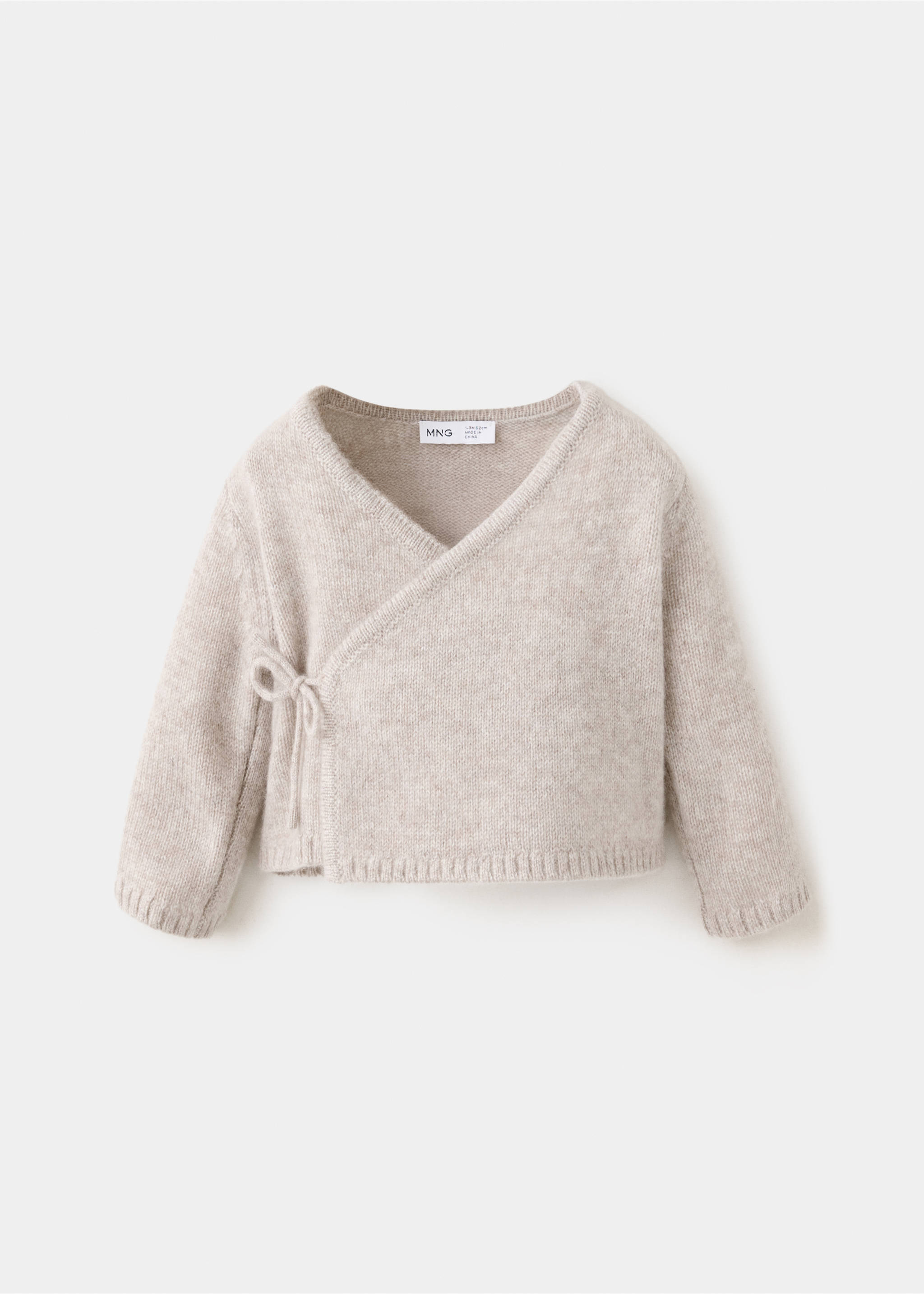 Beige marled knit wrap cardigan with a V-neckline and side tie., Sand. Ref: 37074467-00.