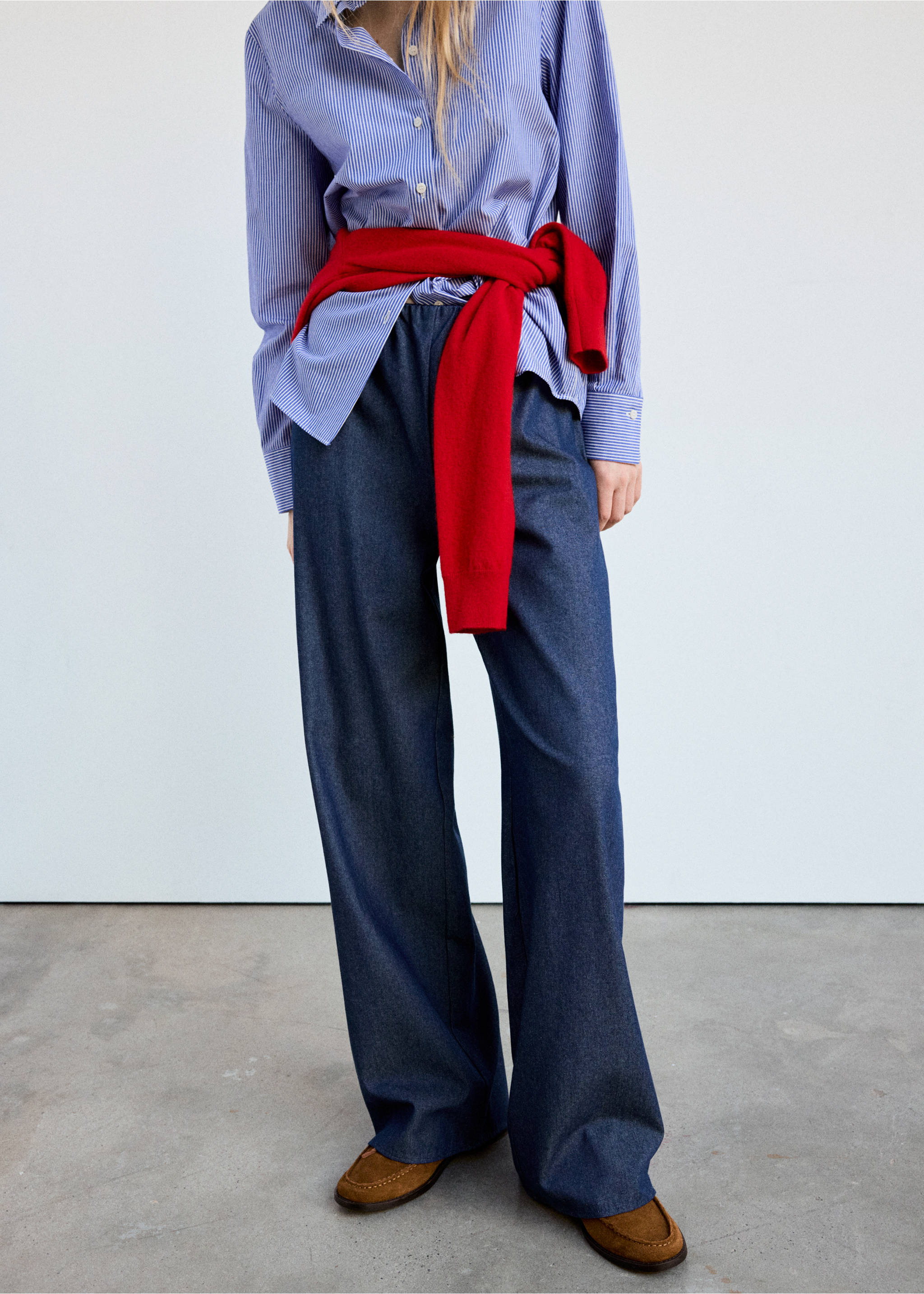 Dark blue denim trousers with a loose, straight-leg silhouette and an elasticated waistband., Blue. Ref: 37074471-01.