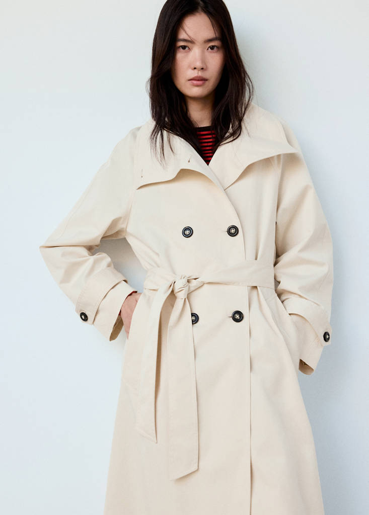 Long funnel neck belted trench coat — Off White