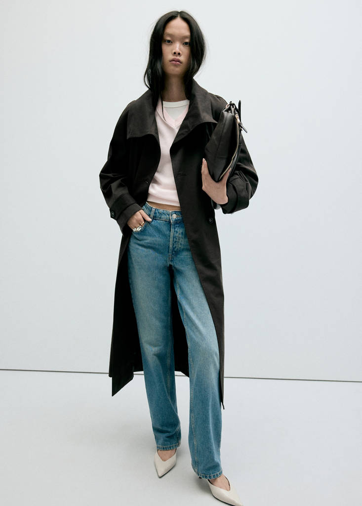 Long funnel neck belted trench coat — Chocolate